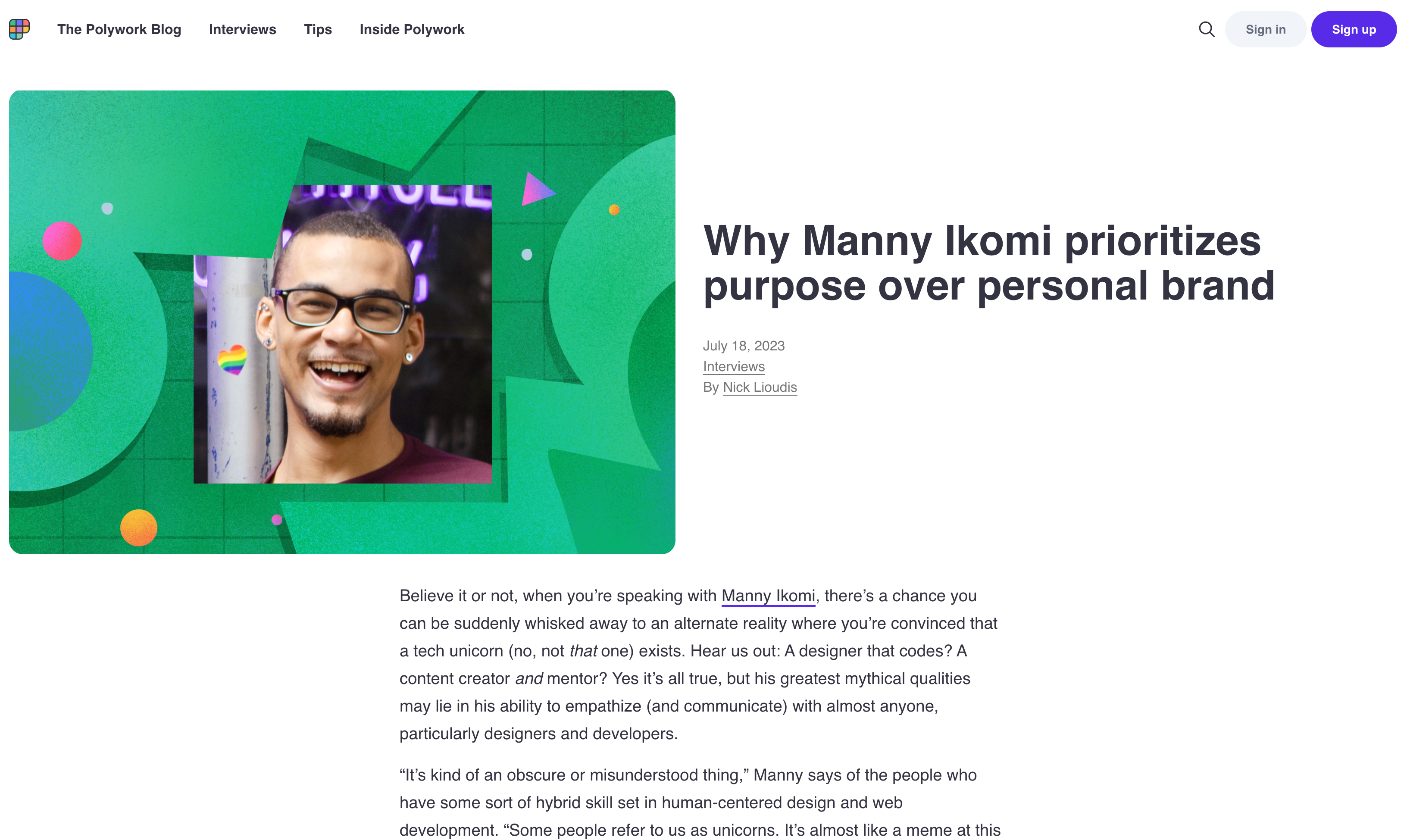 Blog post preview featuring a headshot of Manny on top of a green abstract background and the article title "Why Manny Ikomi prioritizes purpose over personal brand"